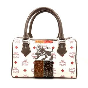 Authentic MCM Red White & Brown Leather Lion Boston Bag Satchel Purse